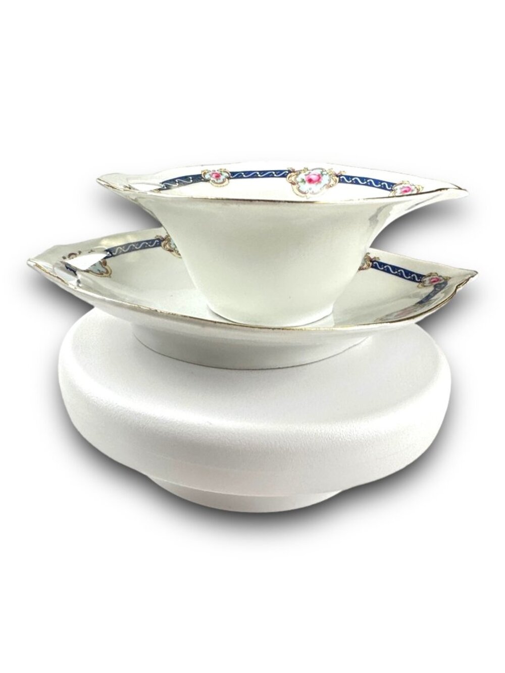 Antique German Porcelain Gravy Boat & Underplate Hand-Painted Floral Design Gold